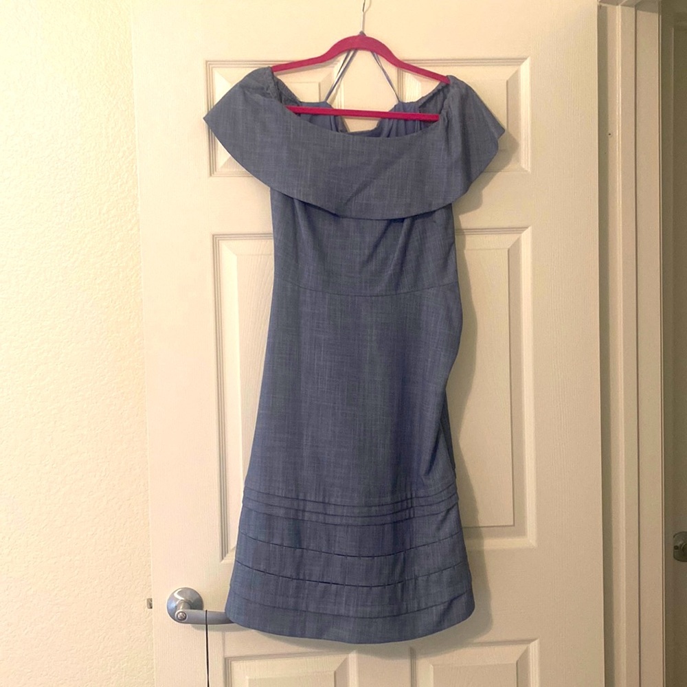 Blue Denim like dress hangs at shoulders